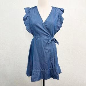 Ella Moss Jessie Dress Blue Chambray Wrap Mini Preppy Western Country Size S